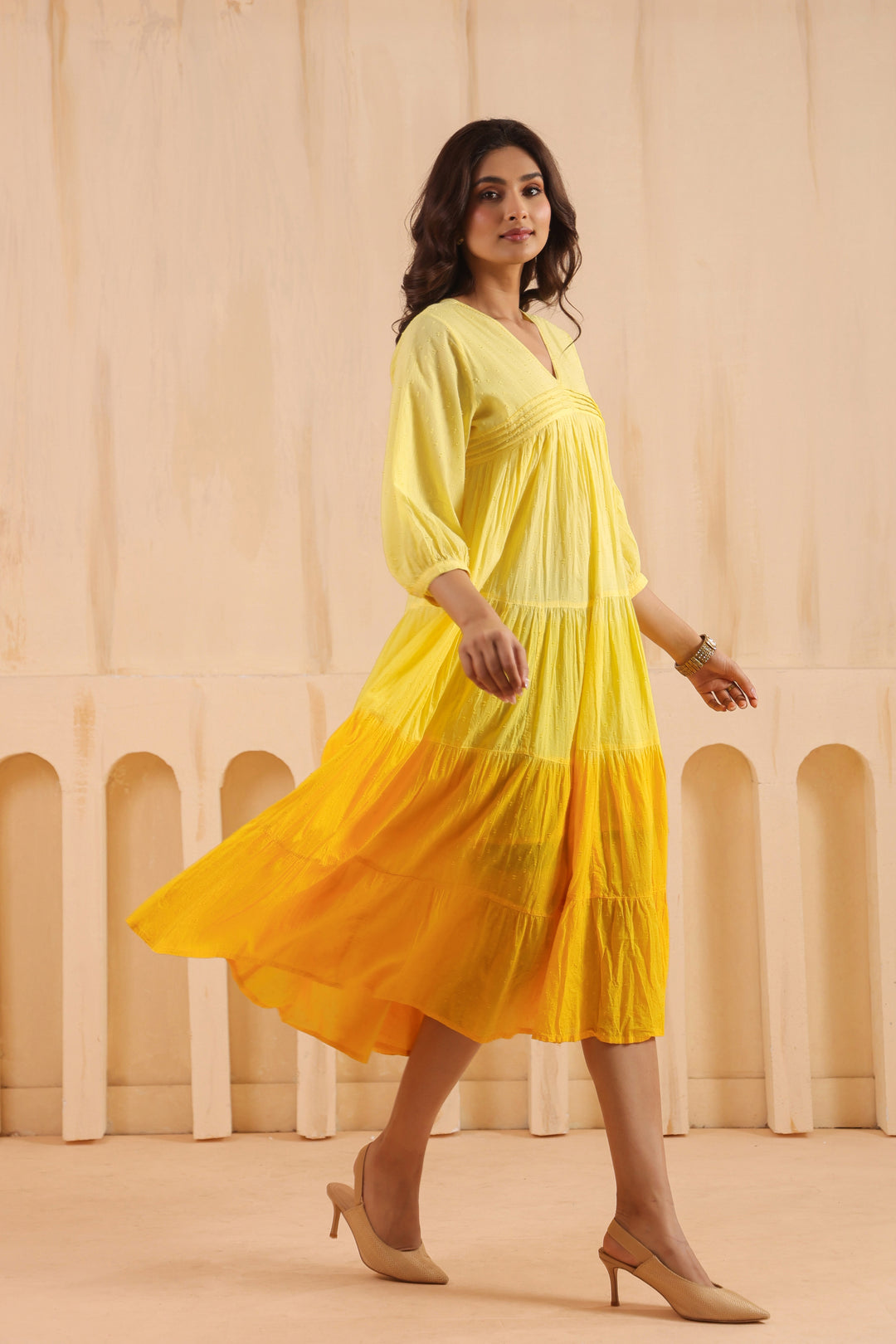 Yellow Cotton Dobby Ombre Dress