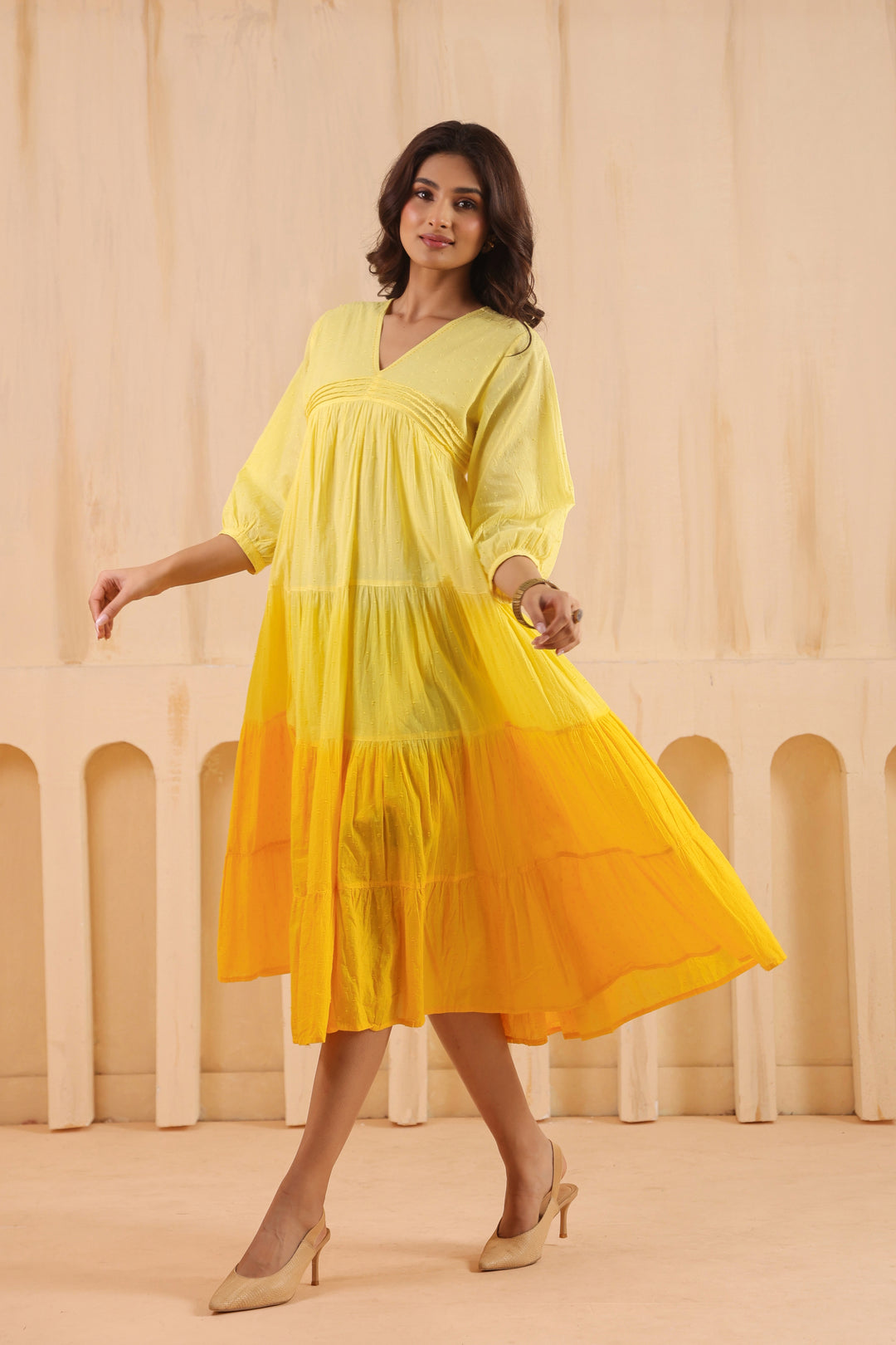 Yellow Cotton Dobby Ombre Dress