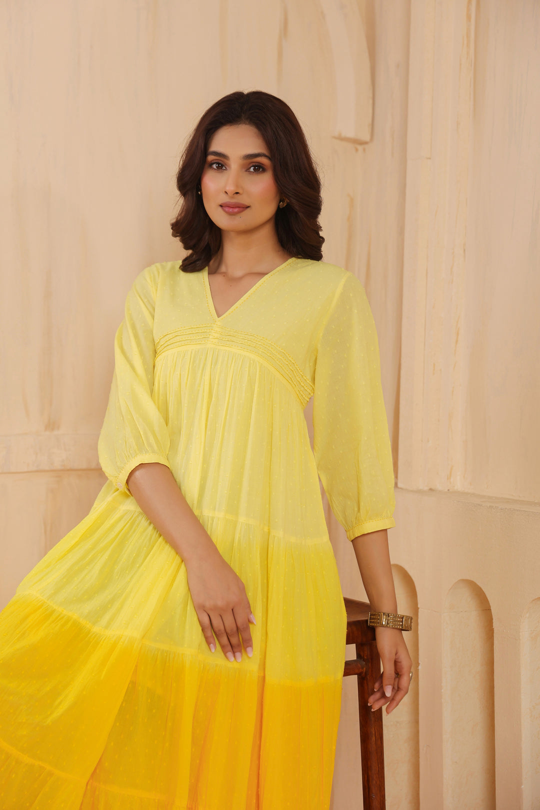Yellow Cotton Dobby Ombre Dress