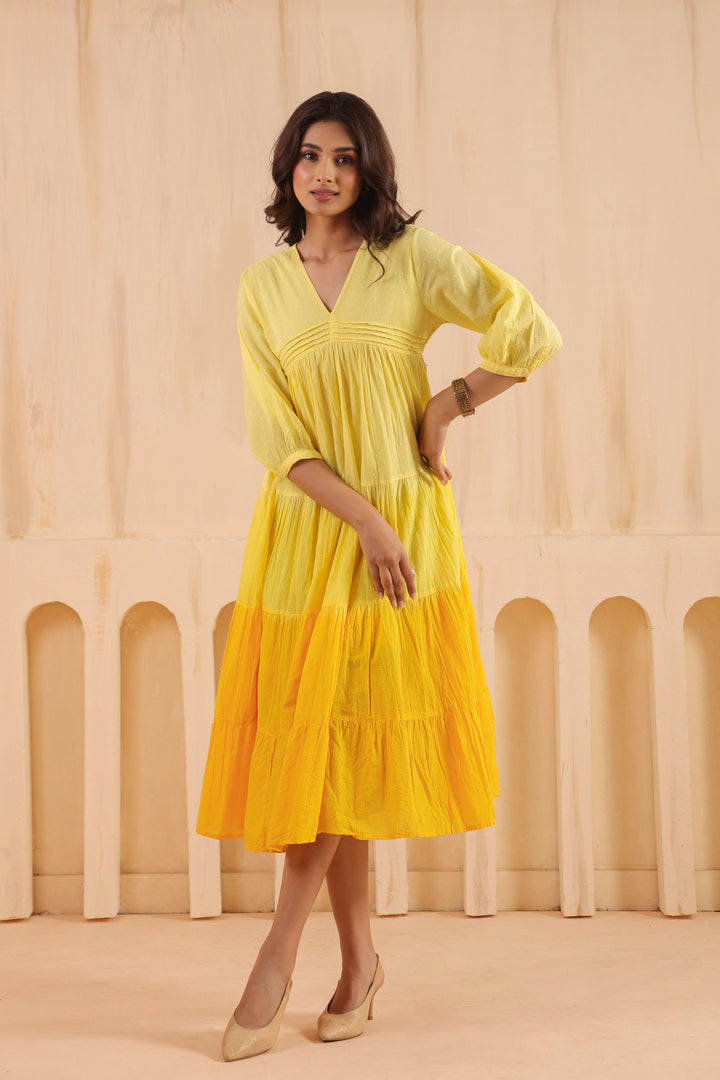 Yellow Cotton Dobby Ombre Dress