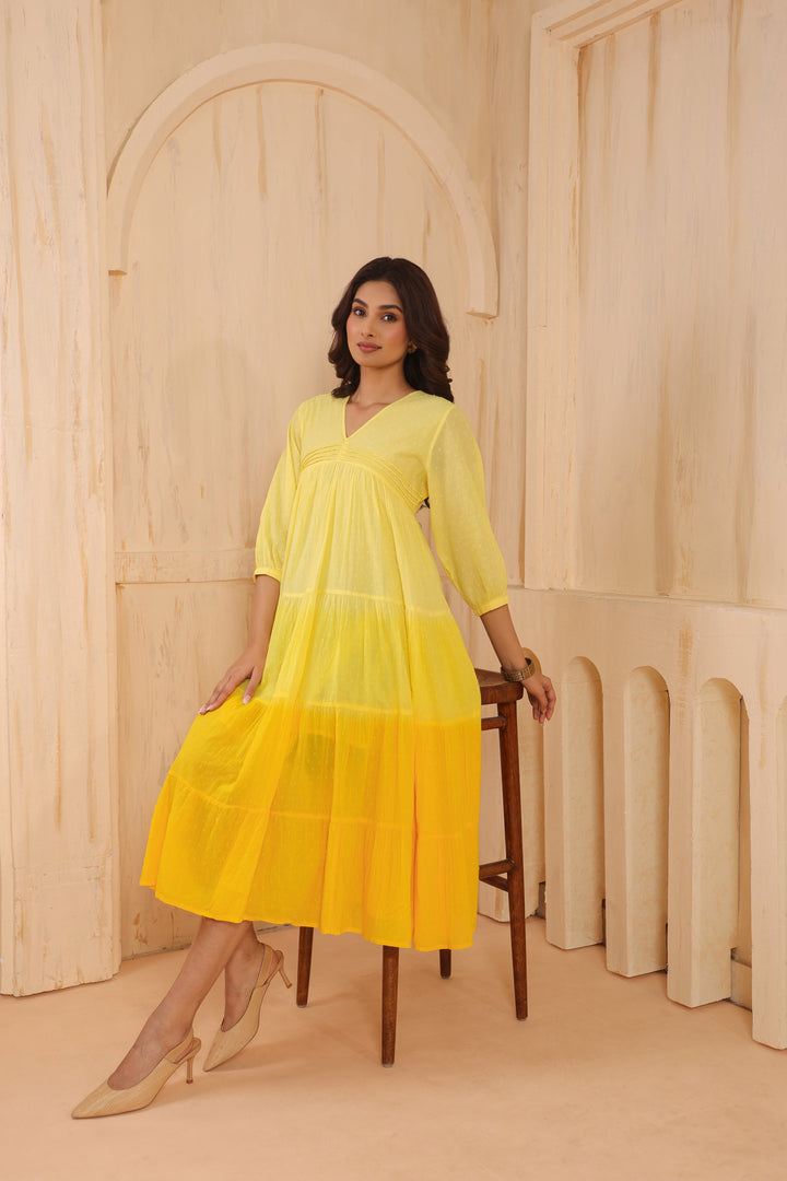 Yellow Cotton Dobby Ombre Dress