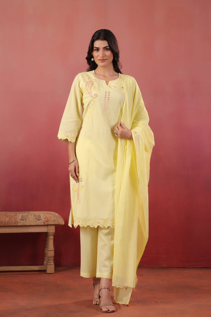 Yellow Cotton Embroidered Designer Kurta Pant With Dupatta Set