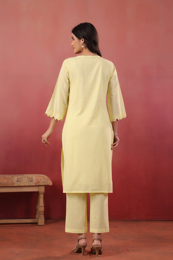 Yellow Cotton Embroidered Designer Kurta Pant With Dupatta Set