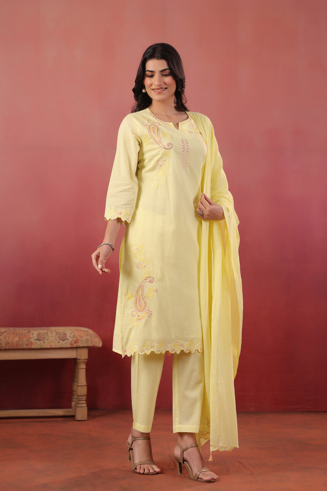 Yellow Cotton Embroidered Designer Kurta Pant With Dupatta Set