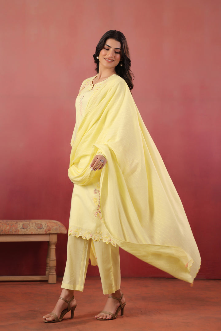 Yellow Cotton Embroidered Designer Kurta Pant With Dupatta Set