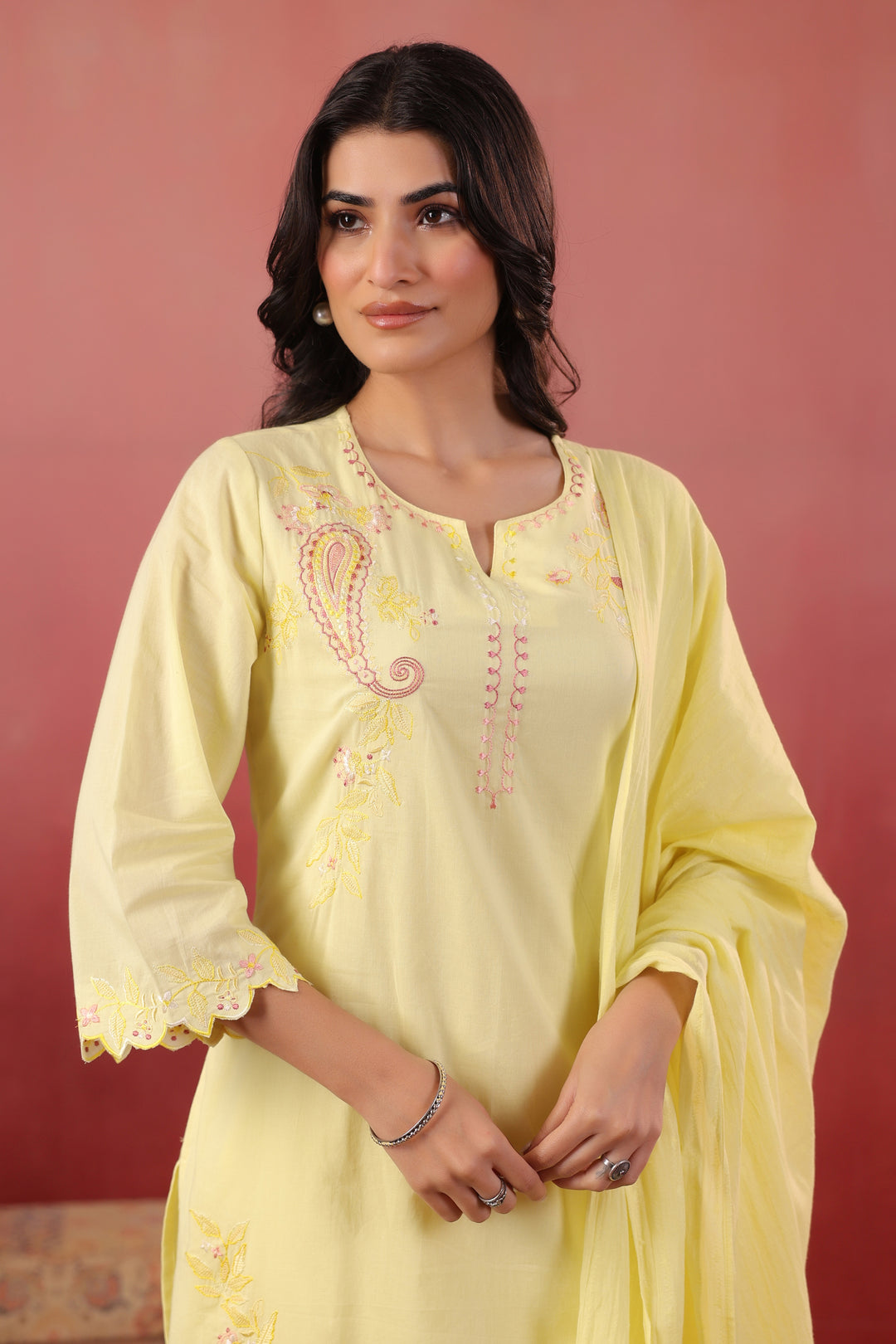 Yellow Cotton Embroidered Designer Kurta Pant With Dupatta Set