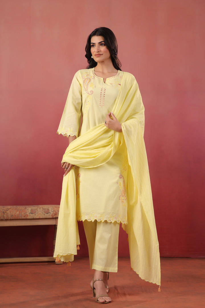 Yellow Cotton Embroidered Designer Kurta Pant With Dupatta Set