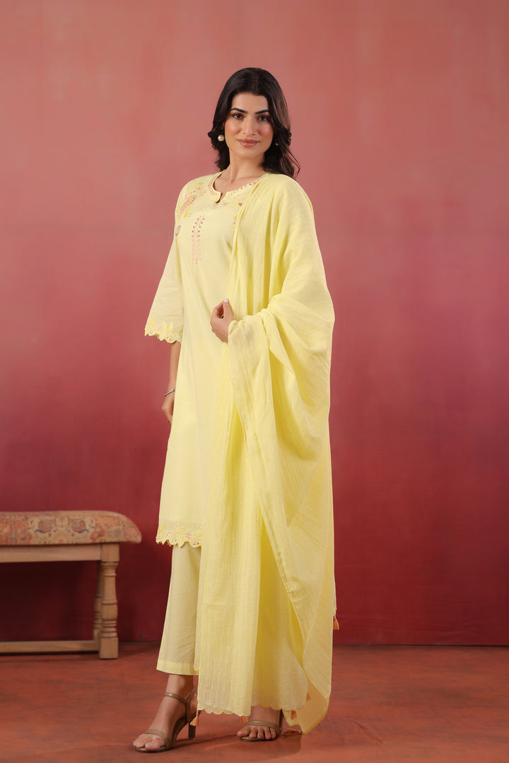 Yellow Cotton Embroidered Designer Kurta Pant With Dupatta Set