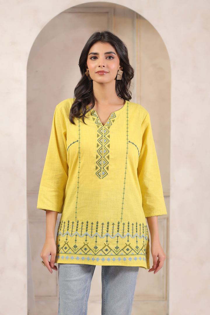 Yellow Cotton Embroidered Straight Top