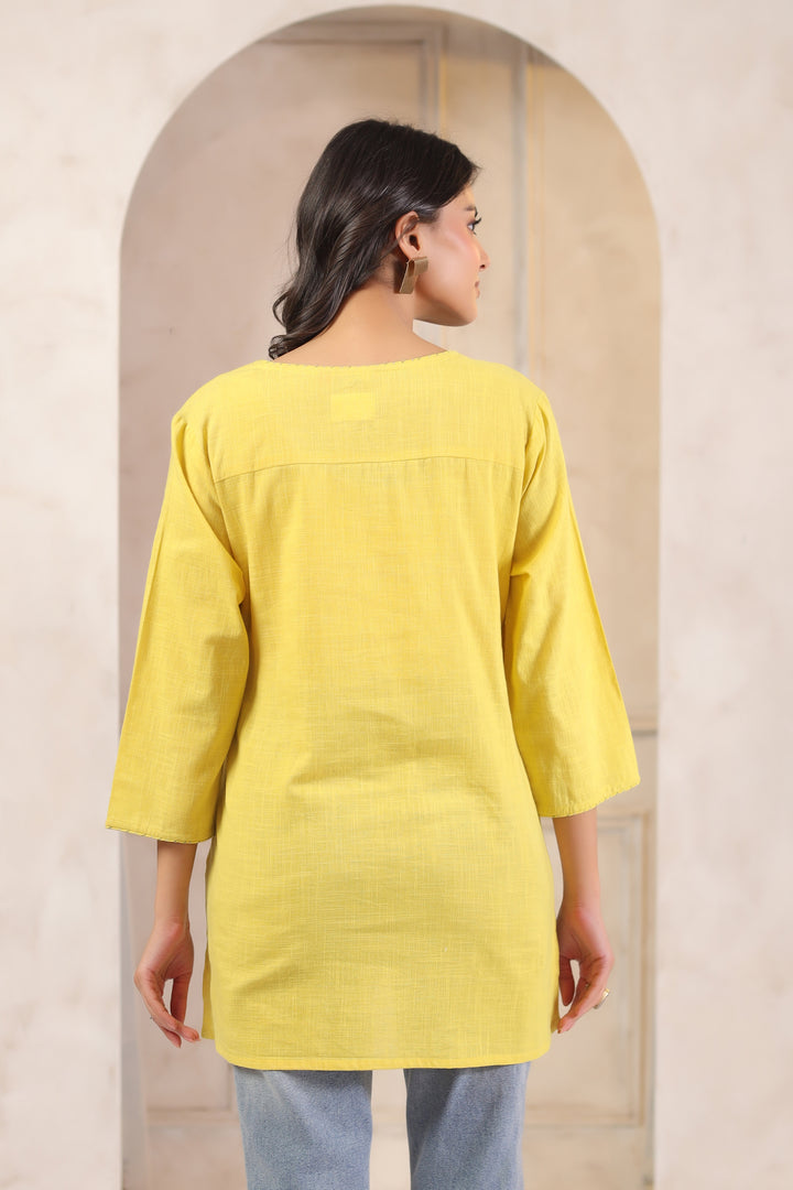 Yellow Cotton Embroidered Straight Top