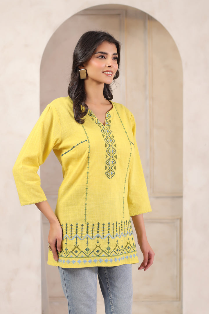 Yellow Cotton Embroidered Straight Top