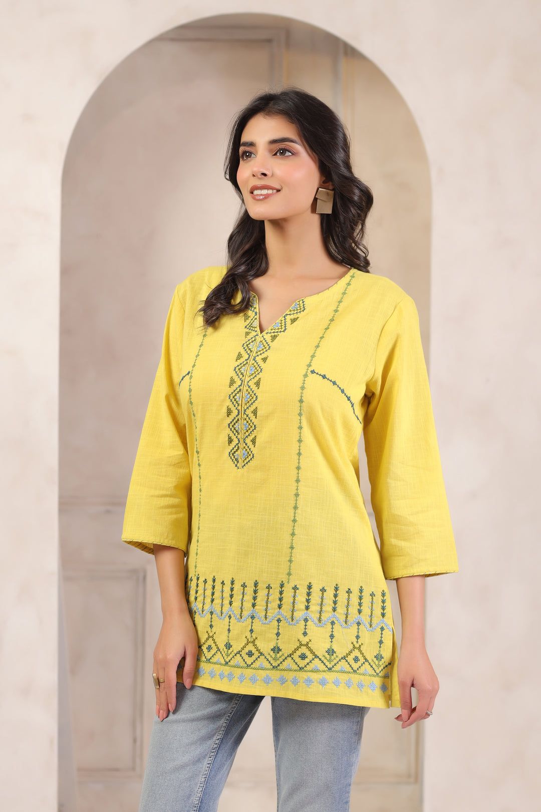 Yellow Cotton Embroidered Straight Top