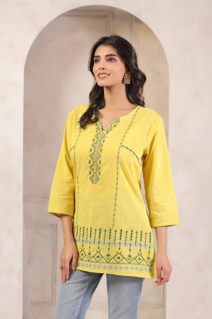 Yellow Cotton Embroidered Straight Top