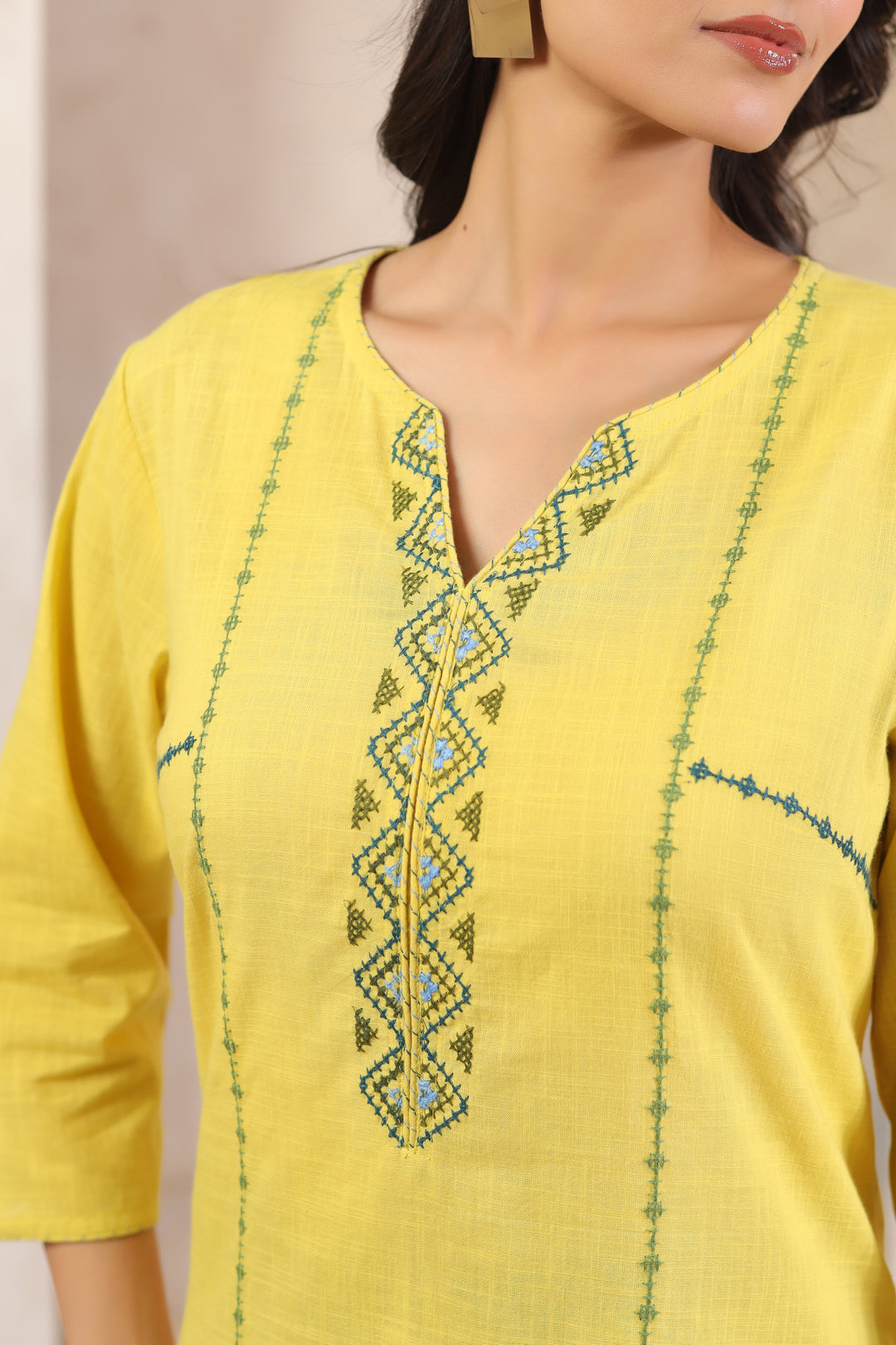 Yellow Cotton Embroidered Straight Top
