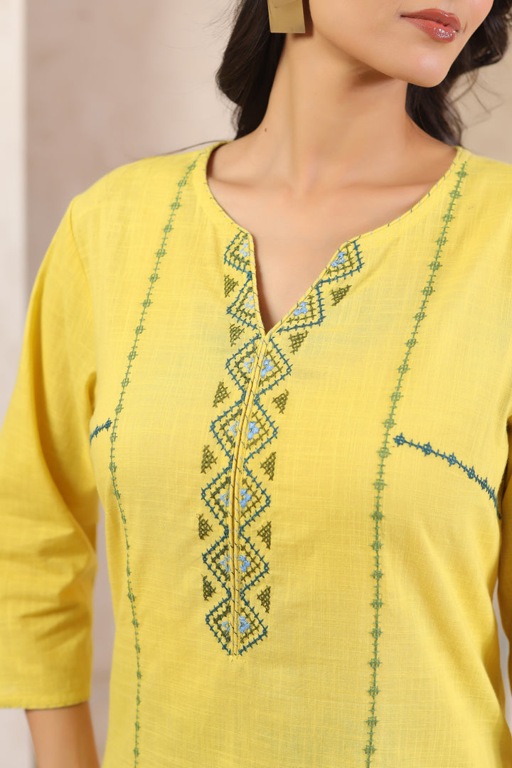 Yellow Cotton Embroidered Straight Top