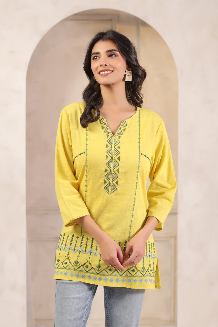 Yellow Cotton Embroidered Straight Top