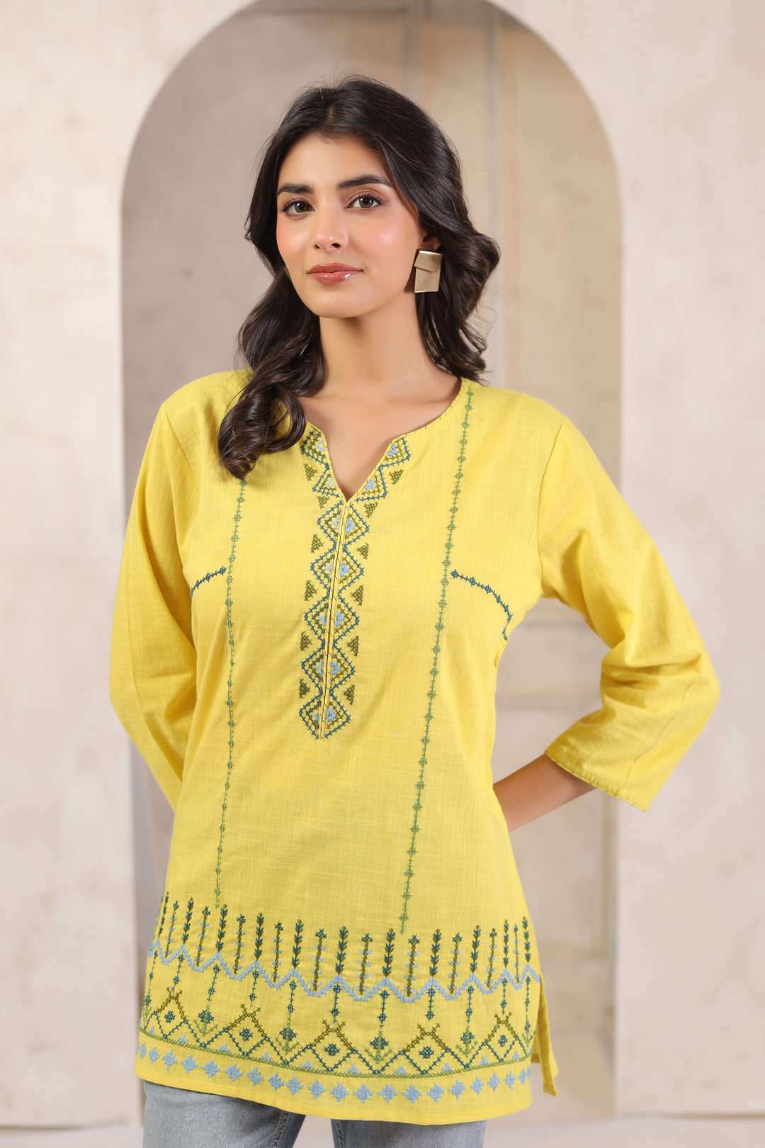 Yellow Cotton Embroidered Straight Top