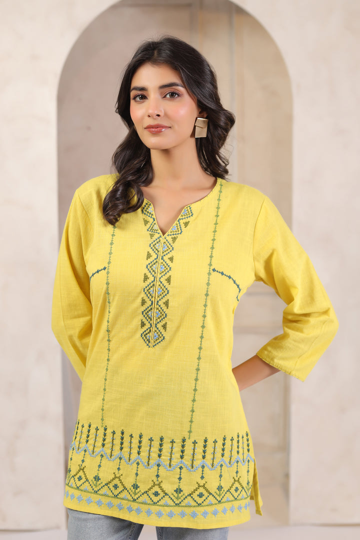 Yellow Cotton Embroidered Straight Top