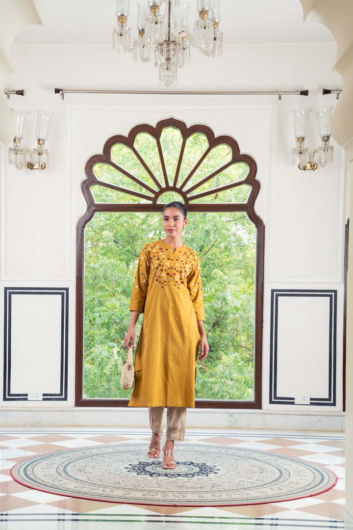 Savi Mustard Cotton Embroidered Straight Kurta