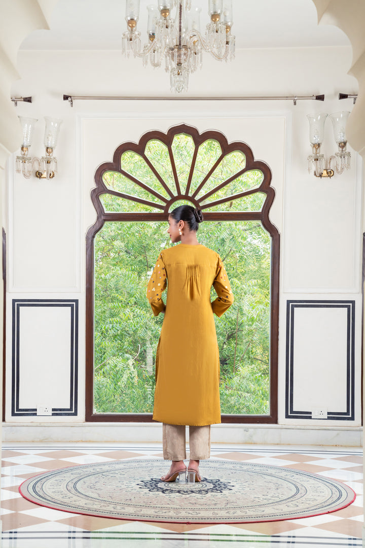 Savi Mustard Cotton Embroidered Straight Kurta