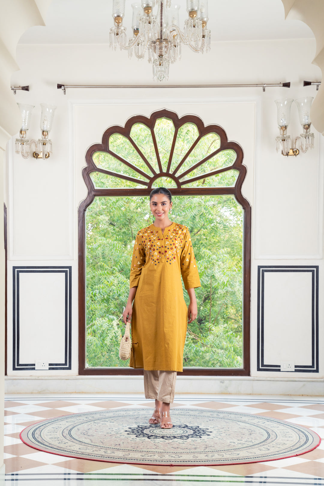 Savi Mustard Cotton Embroidered Straight Kurta