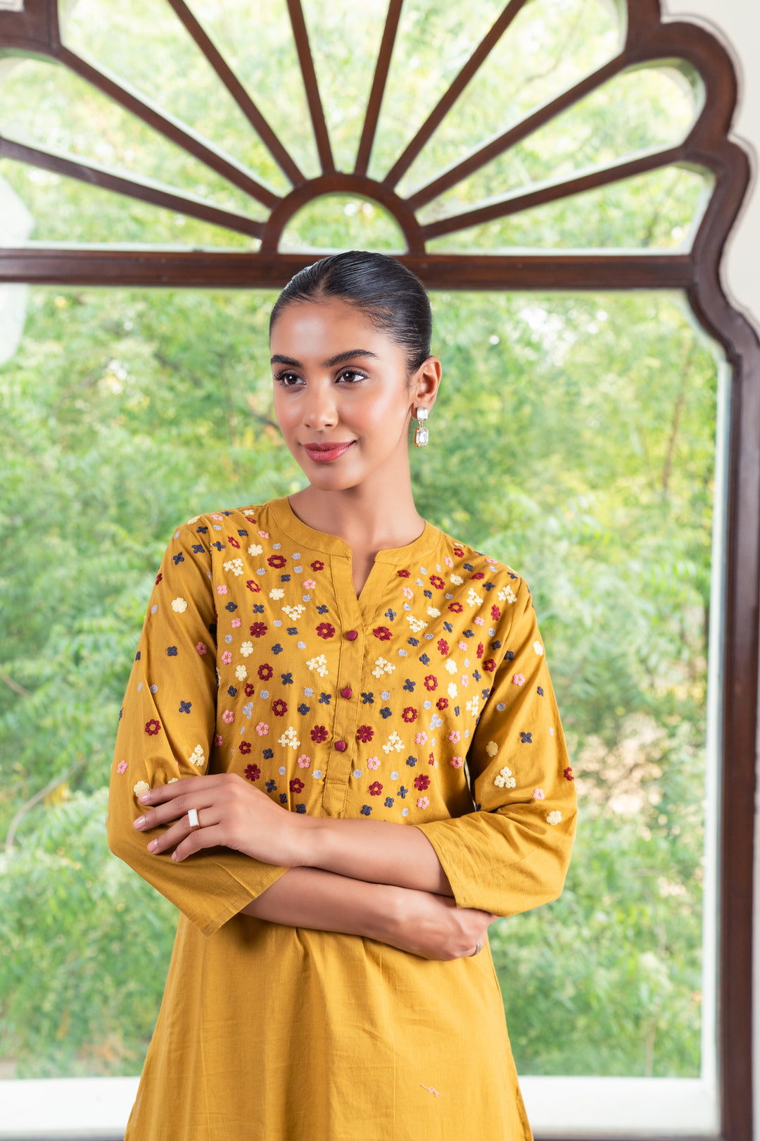 Savi Mustard Cotton Embroidered Straight Kurta