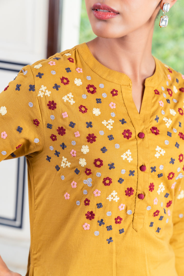 Savi Mustard Cotton Embroidered Straight Kurta