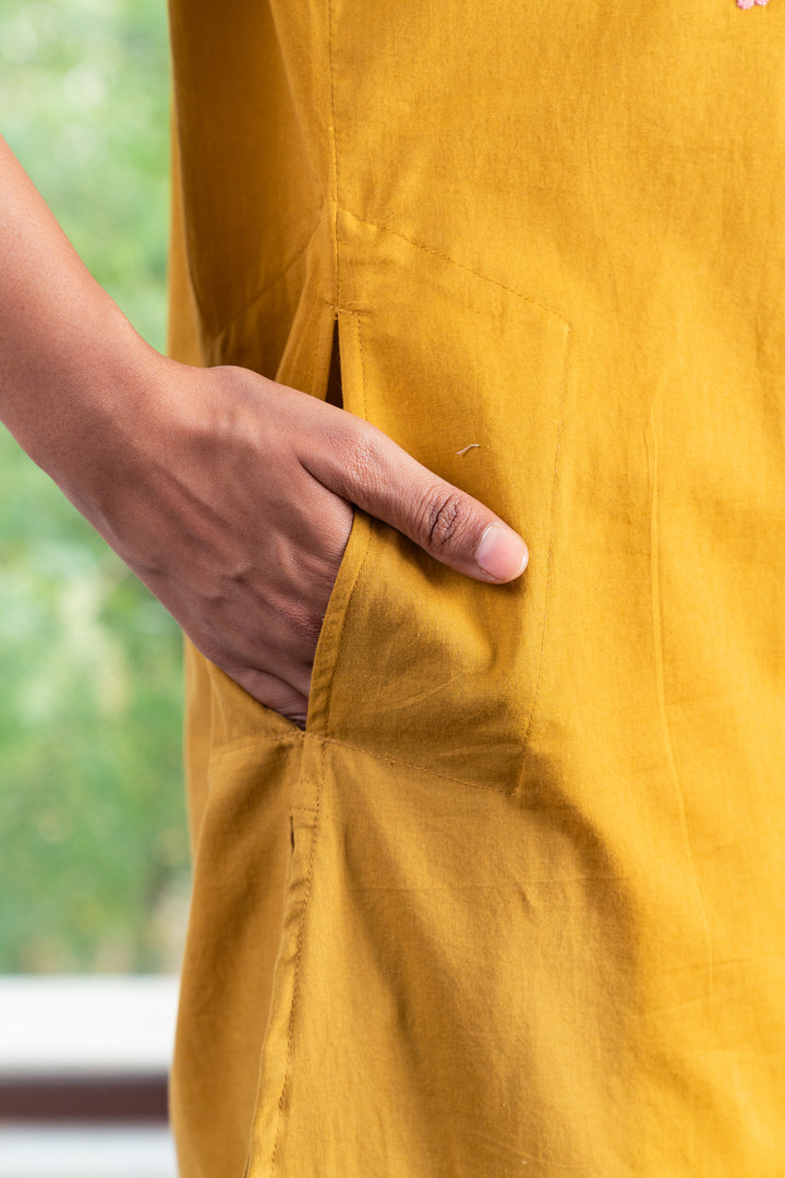 Savi Mustard Cotton Embroidered Straight Kurta