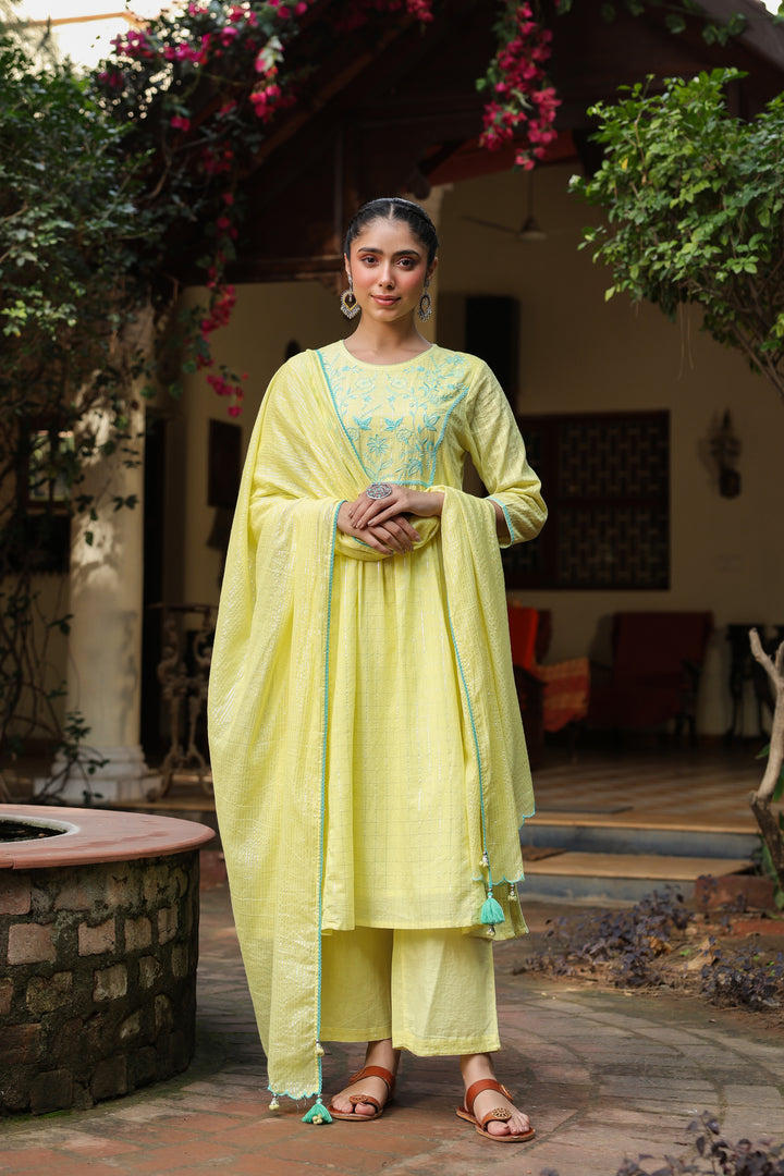 Yellow Lurex Embroidered Kurta Pant Set With Dupatta