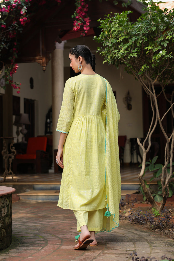 Yellow Lurex Embroidered Kurta Pant Set With Dupatta