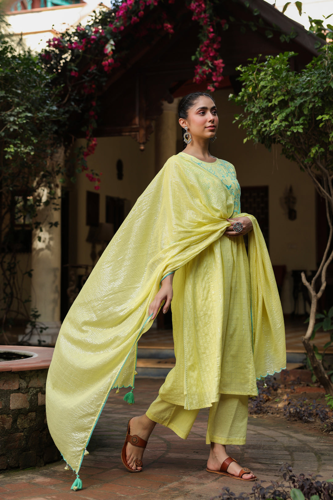 Yellow Lurex Embroidered Kurta Pant Set With Dupatta