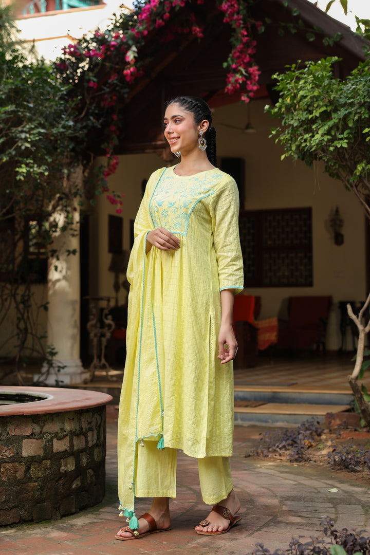 Yellow Lurex Embroidered Kurta Pant Set With Dupatta