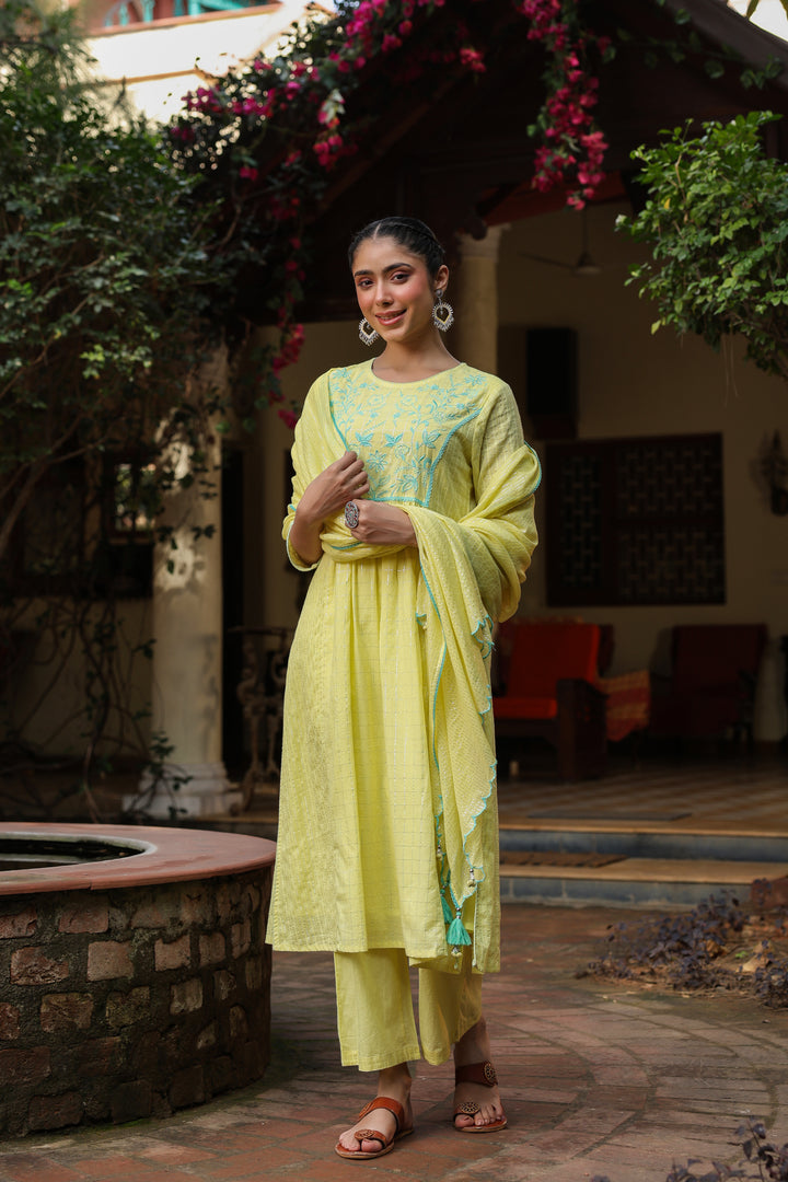 Yellow Lurex Embroidered Kurta Pant Set With Dupatta