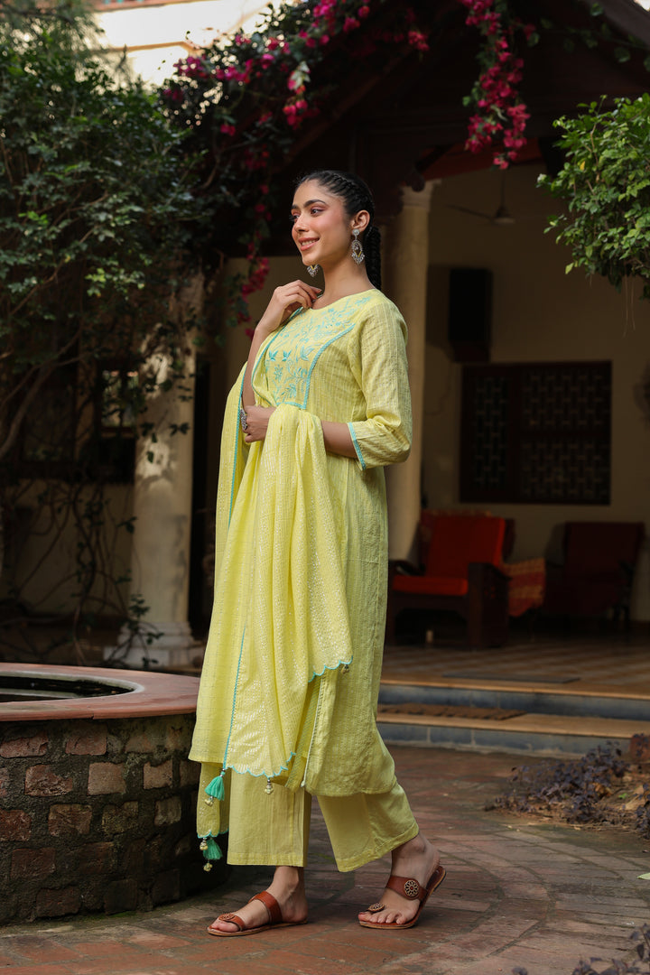 Yellow Lurex Embroidered Kurta Pant Set With Dupatta