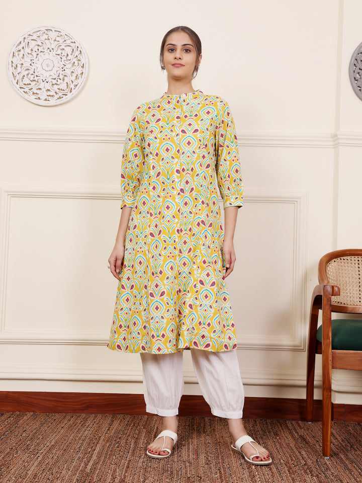 Yellow Cotton Printed A Line Kurta