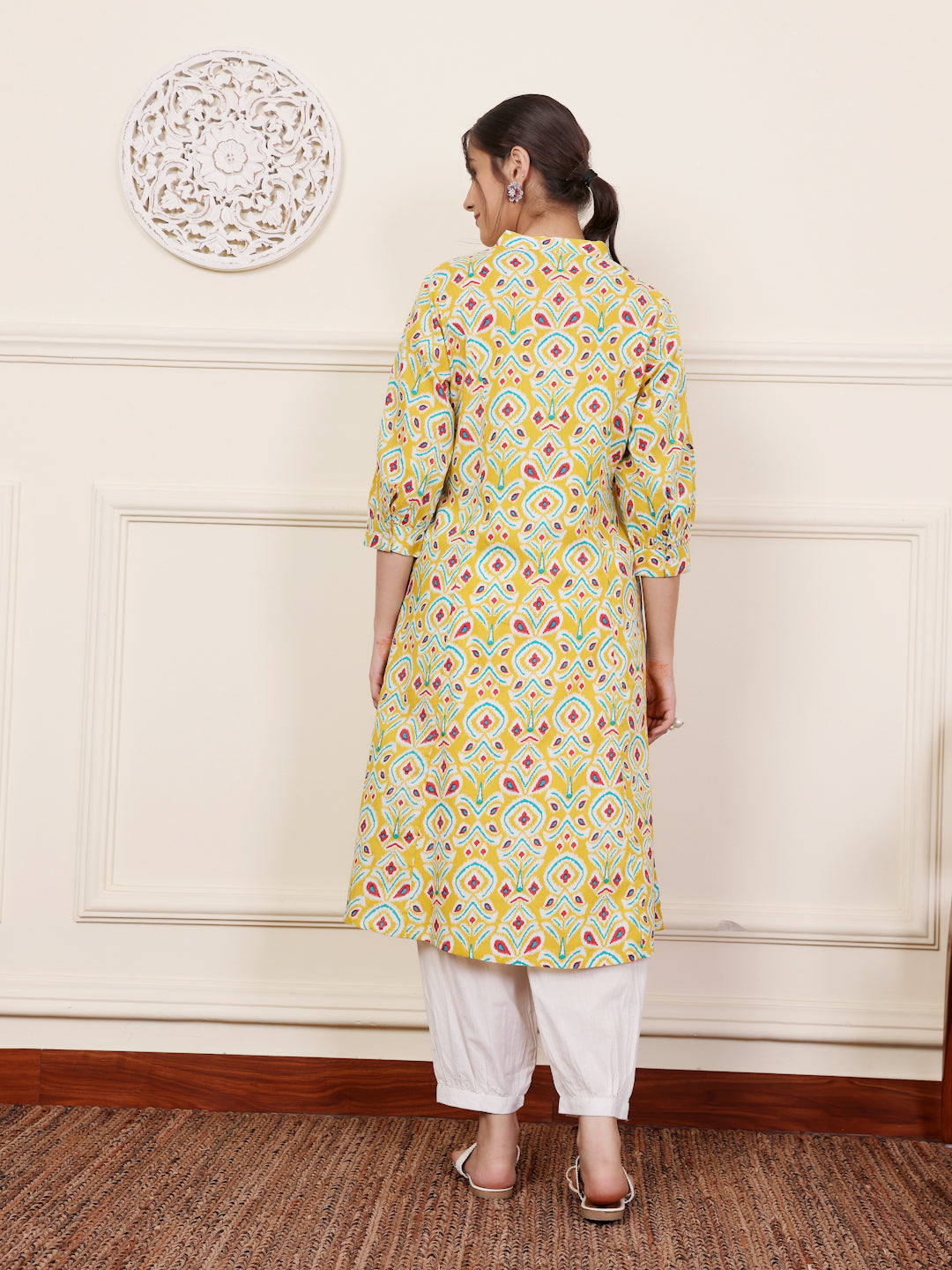 Yellow Cotton Printed A Line Kurta