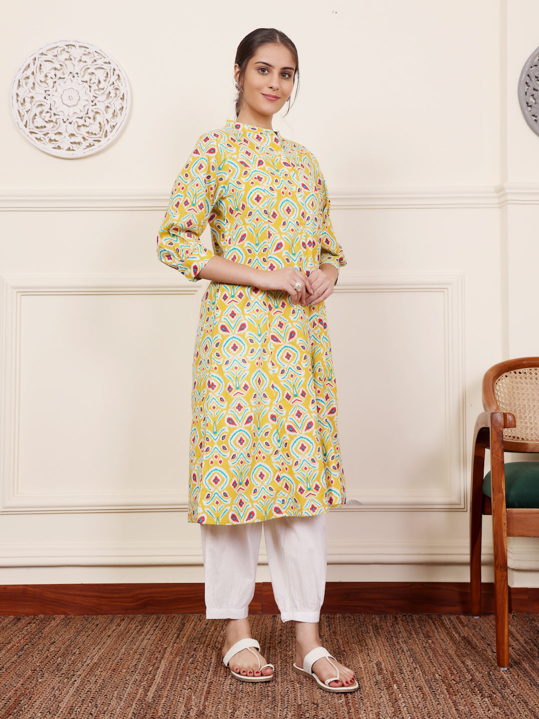 Yellow Cotton Printed A Line Kurta