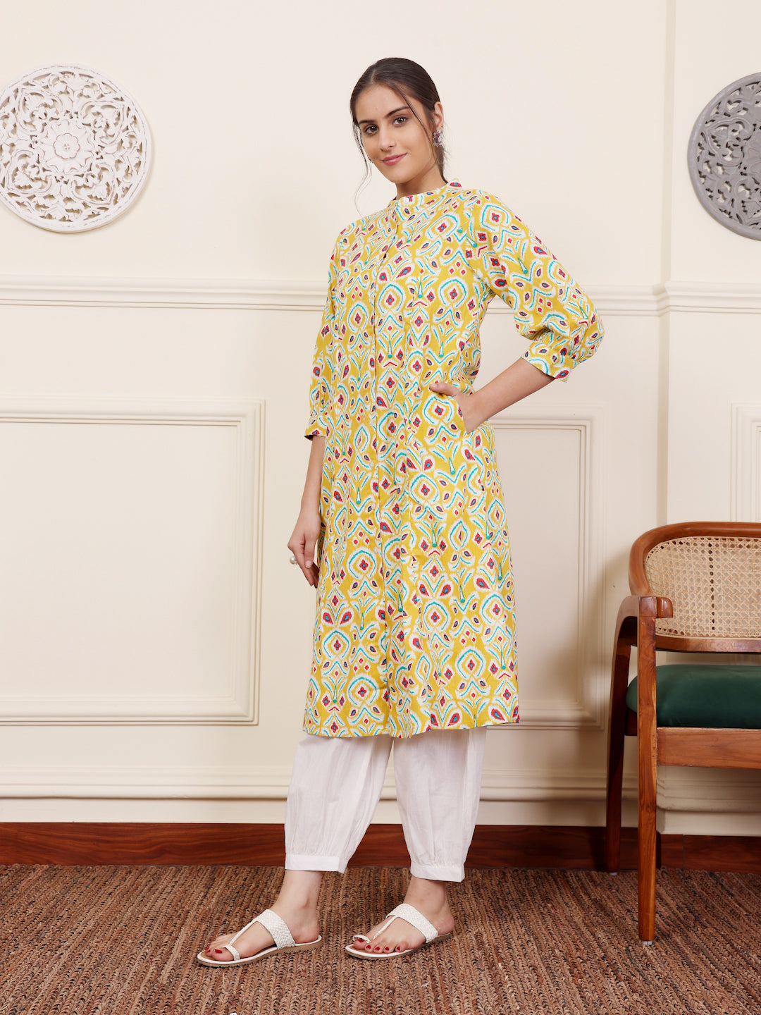 Yellow Cotton Printed A Line Kurta