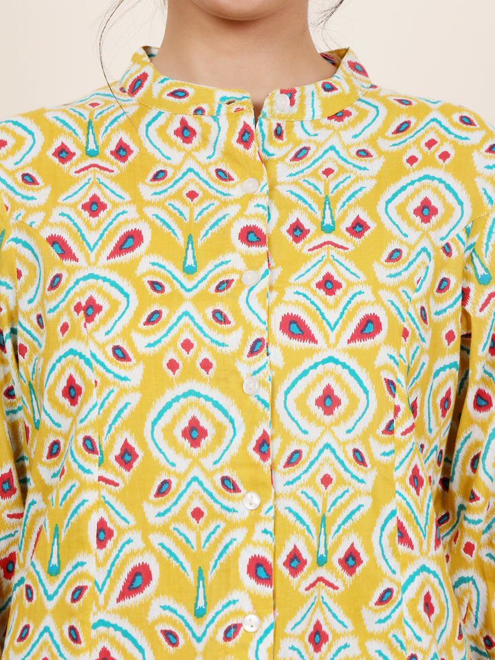 Yellow Cotton Printed A Line Kurta