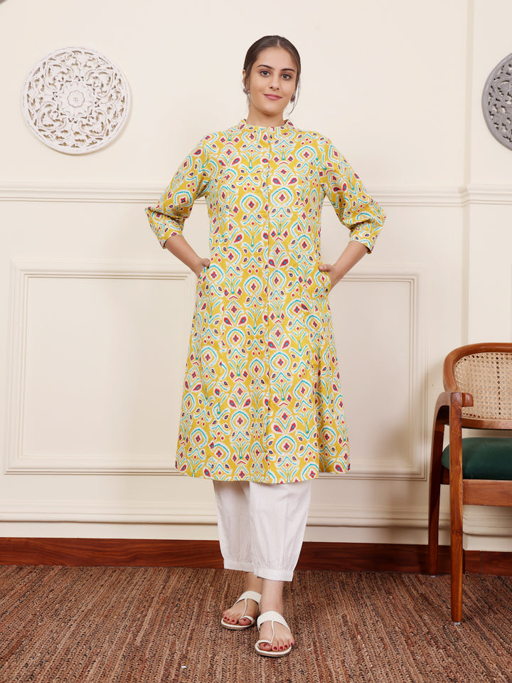 Yellow Cotton Printed A Line Kurta