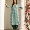 Teal Green Cotton Printed Designer Gathered Kurta Pant Set