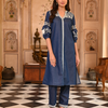 Dark Blue Embroidered Denim A-Line Kurta