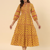 Mustard Floral Printed Cotton Ethnic Tier Dress