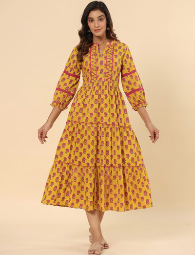 Mustard Floral Printed Cotton Ethnic Tier Dress