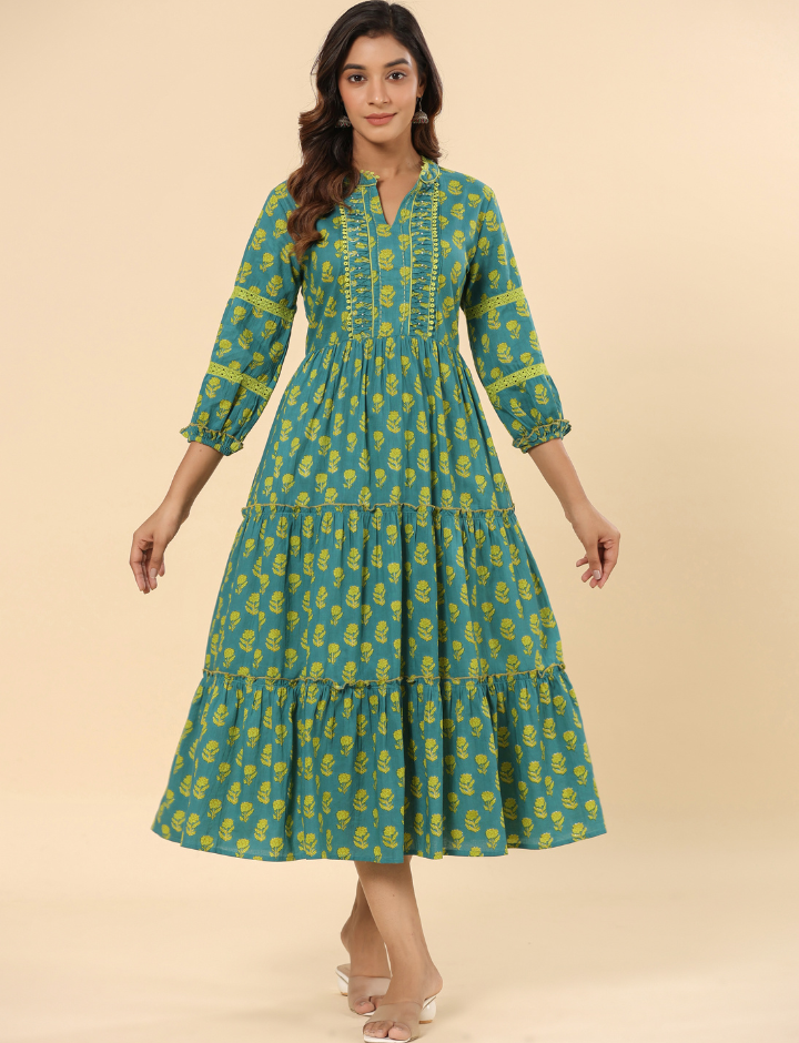 Green Floral Printed Cotton Ethnic Tier Dress