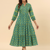 Green Floral Printed Cotton Ethnic Tier Dress