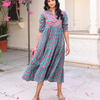 Teal Green Floral Printed Cotton Ethnic Tier Dress
