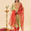 Chanderi Mint Embroidered Designer A Line Kurta Pant Set With Dupatta