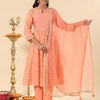 Peach Designer Festive Gathered Kurta Pant Set With Dupatta