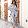 Cotton White and Blue Printed Kaftan Co-Ord Set